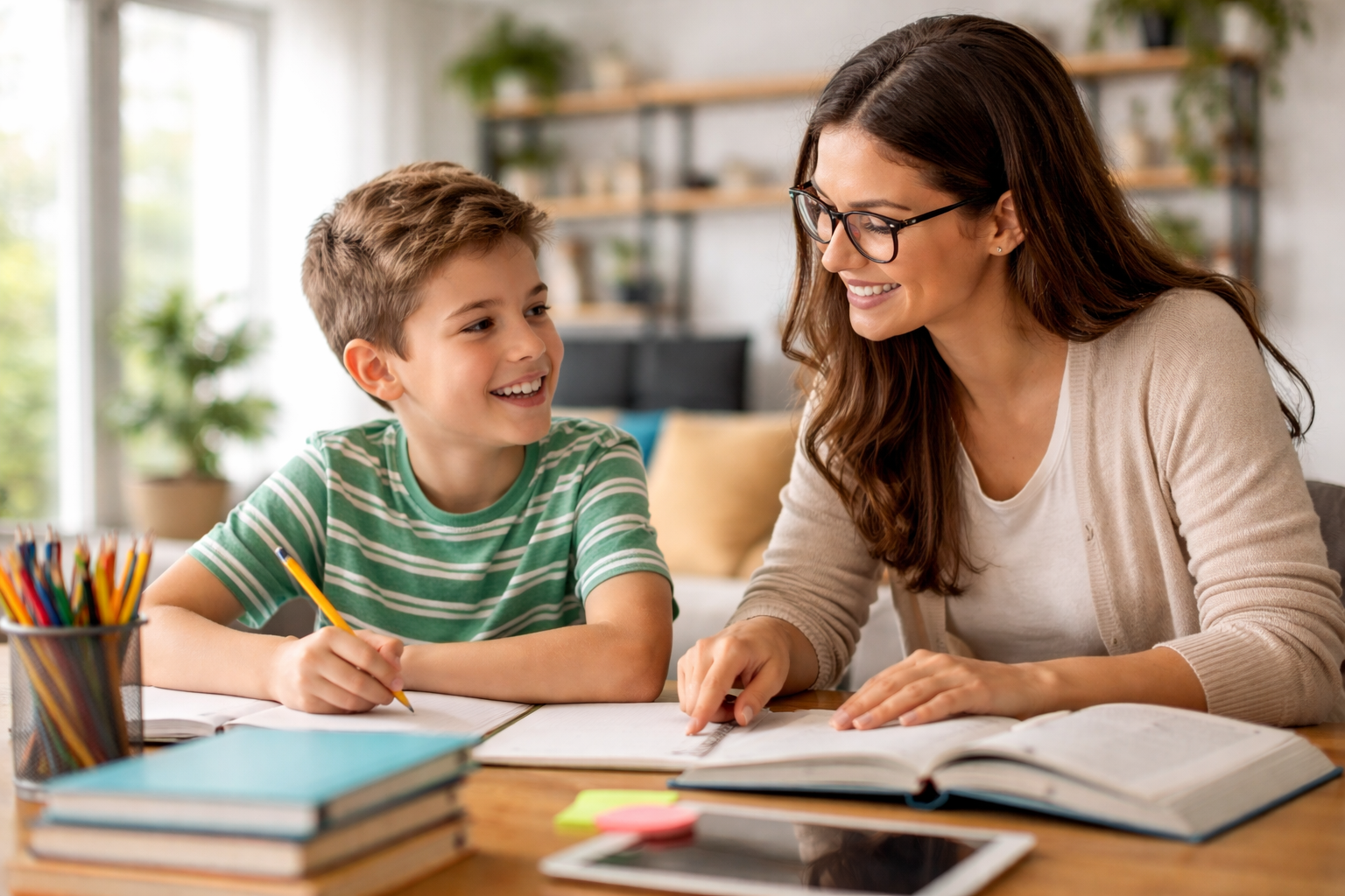 Child smiling while studying at home